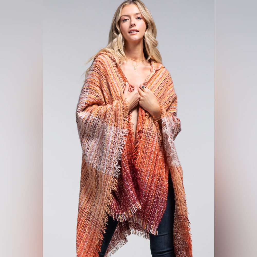 Autumn Sunrise Hooded Ruana - Bottom & Side Fringe - Multicolored Yarns - Picture 4 of 7